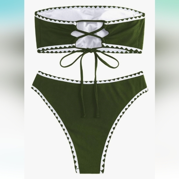 🆕 Medium Strapless Bandeau Bikini Set Green Textured Lace-Up NWOT - Picture 3 of 5